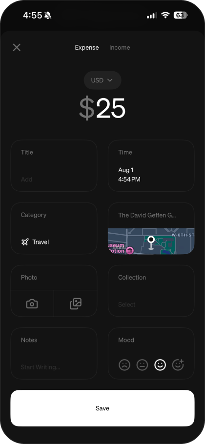 The Datum add-entry screen: amount, title, time, category, place, photo, and mood.