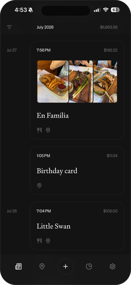 The Datum entries feed: a day of entries with time, amount, place, and receipt photos.