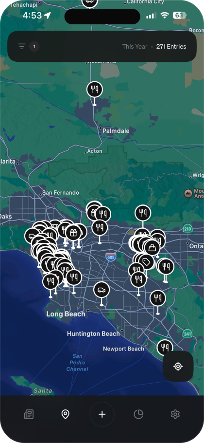 The Datum locations map, with a pin for every place an entry was recorded.